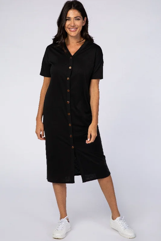 Black Short Sleeve V-Neck Button Detail Midi Dress