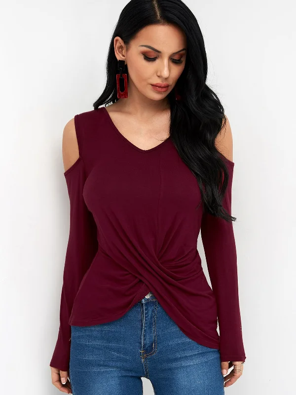 Custom V-Neck Cold Shoulder Crossed Front Long Sleeve T-Shirts