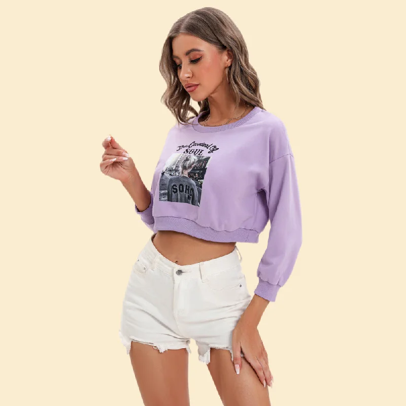 Women Fashion Graphic Print Long Sleeve Wholesale Crop Tops