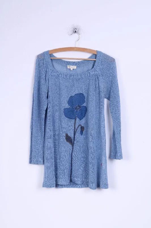 Jackpot Womens M Sweater Blue Linen Cotton Blend Flower