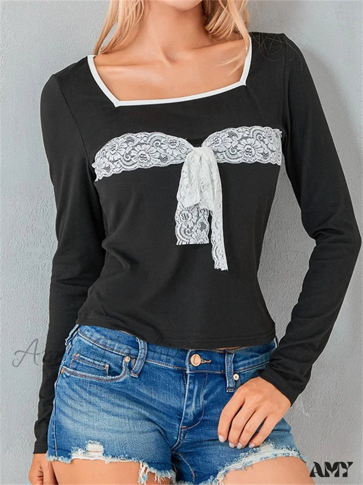 Amy Fashion - Lace Patchwork Square Neck Tie-Up Square Neck T-Shirts