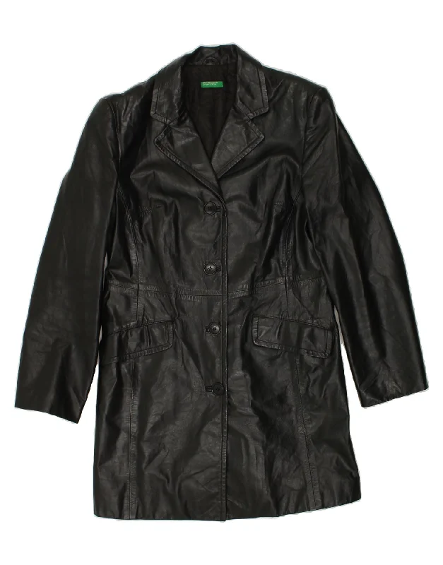 BENETTON Womens Leather Coat IT 44 Medium Black Leather