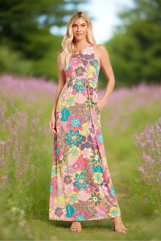 Beeson Mod Floral Racer Back Tall Maxi Dress - Pink Yellow