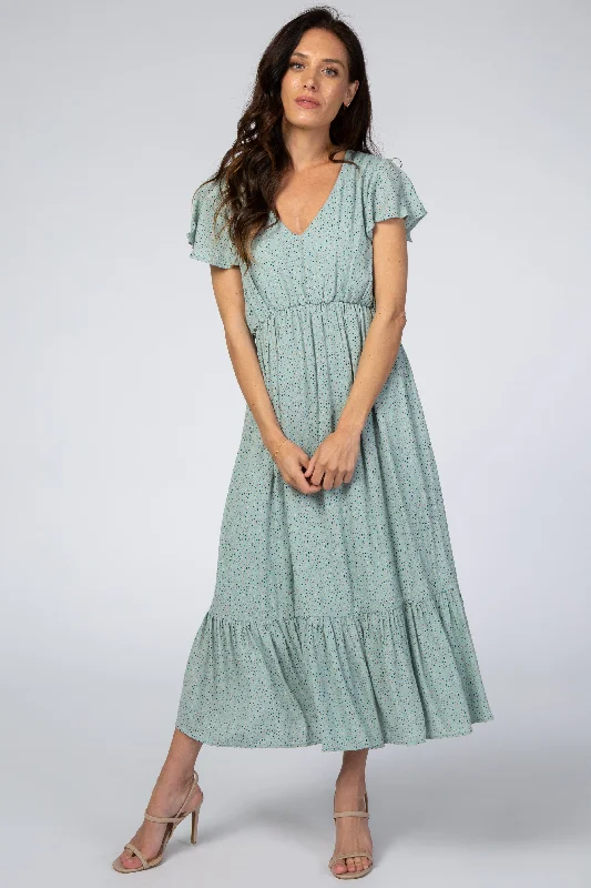 Mint Dot Print Ruffle Midi Dress