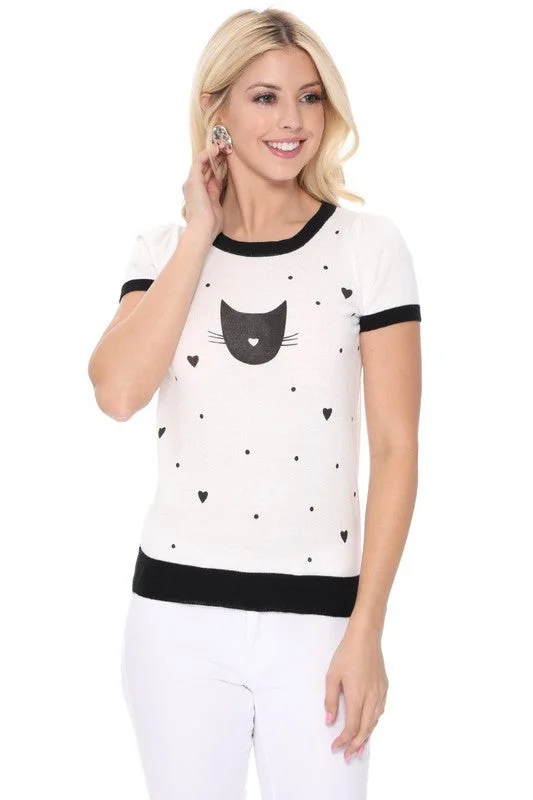 Kitty Cat Face Short Sleeve Summer Sweater Top