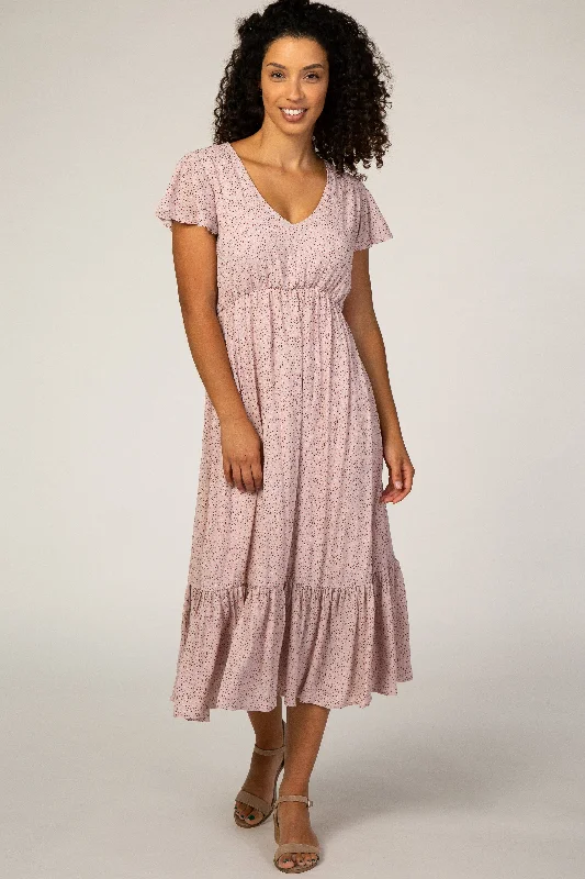 Pink Dot Print Ruffle Midi Dress