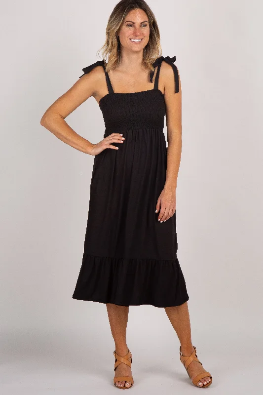 Black Solid Self-Tie Smocked Midi Dress