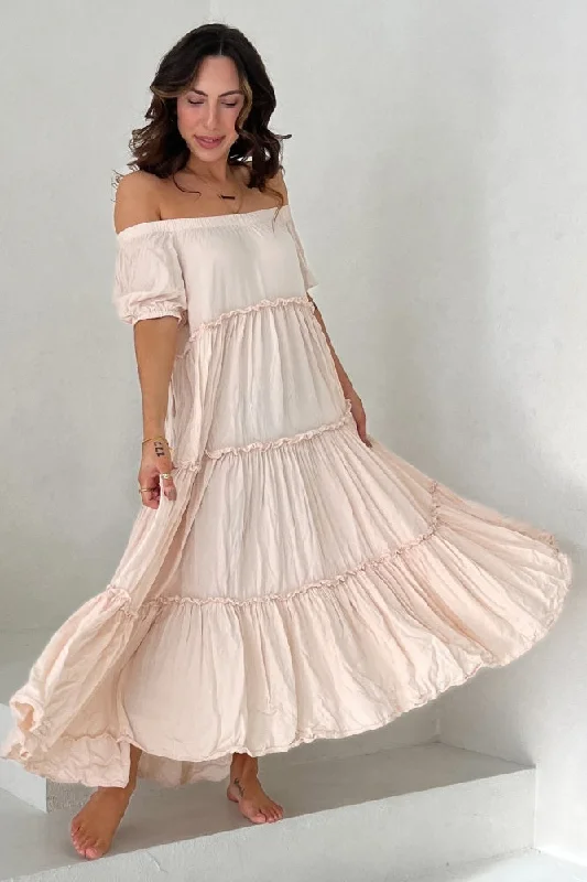 Cream Off Shoulder Ruffle Tiered Maxi Dress