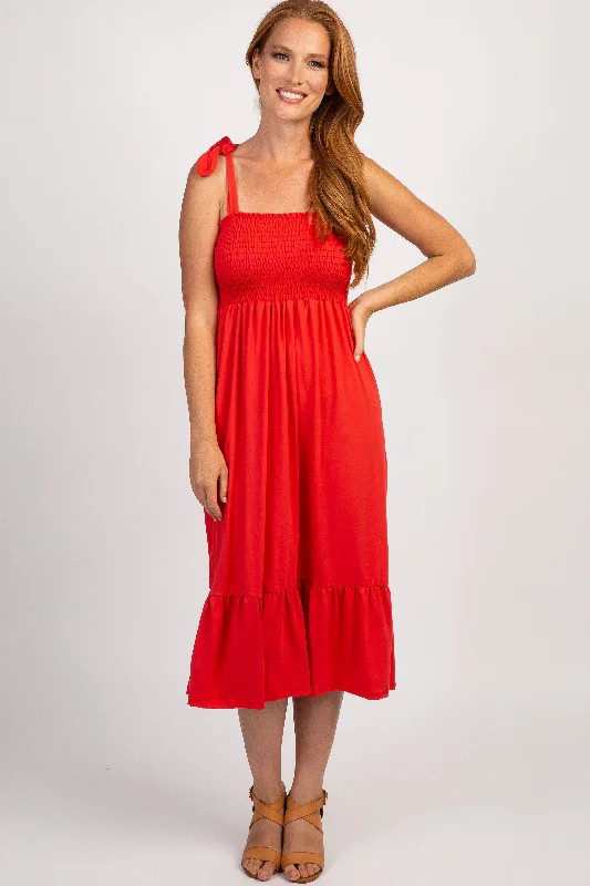 PinkBlush Red Solid Self-Tie Smocked Midi Dress