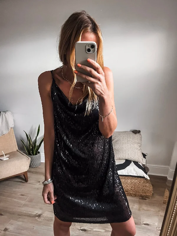 Strappy Cowl Neck Sequin Mini Dress