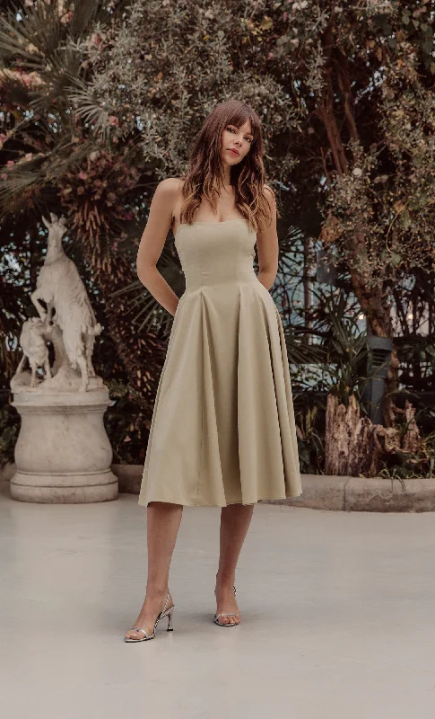 Olive Bandeau Corset Full Skirt Midi Dress