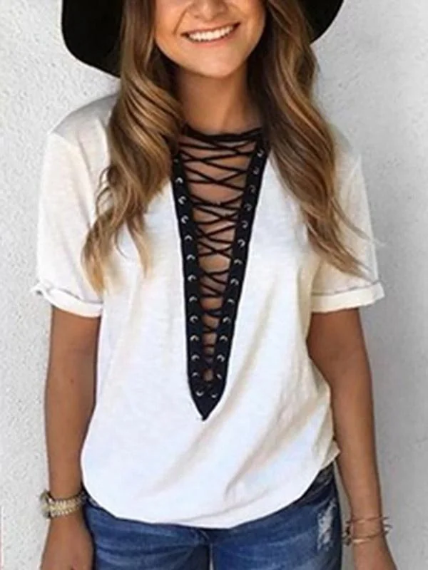 Custom Deep V Neck Crossed Front Lace-Up Short Sleeve White T-Shirts