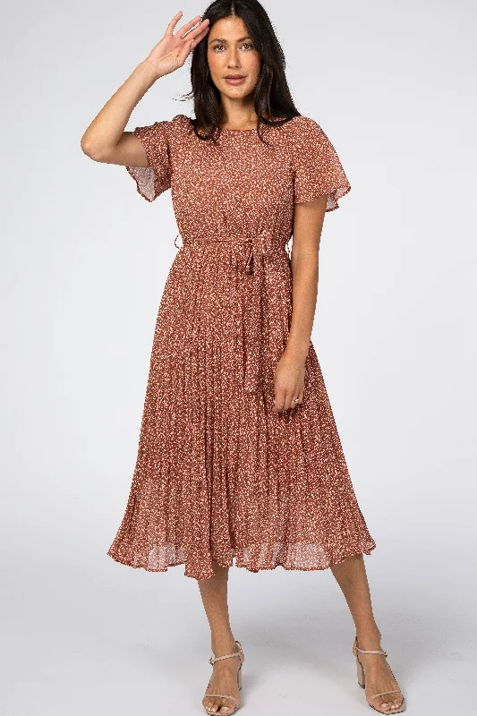 Rust Leaf Print Pleated Midi Dress