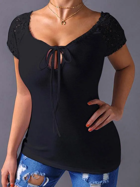 Custom V-Neck Lace Details Lace-up T-shirt