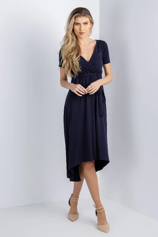 PinkBlush Navy Blue Solid Hi-Low Wrap Dress