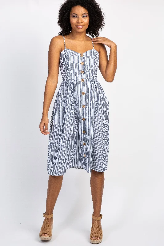 Navy Striped Sweetheart Button Front Dress