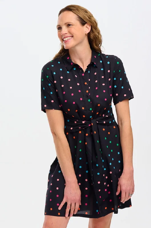 Dessie Mini Shirt Dress - Black, Rainbow Polka