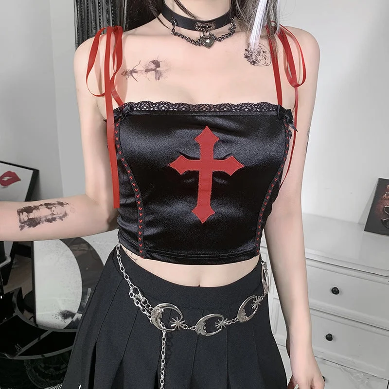 Cross Printed Gothic Punk Dark Style Wholesale Crop Tops Colorblock