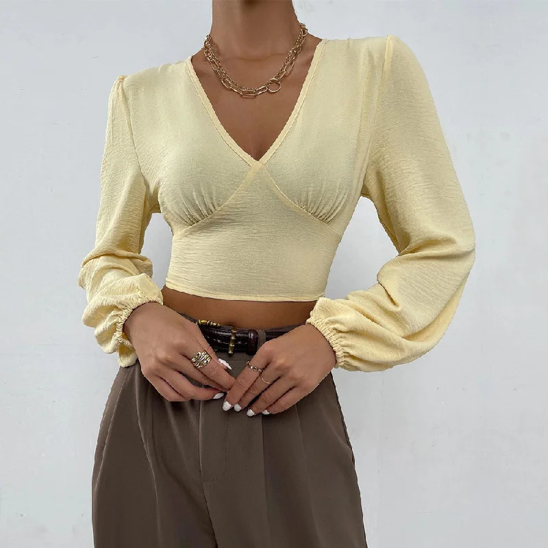 Sexy Solid Color Wholesale Crop Tops V-Neck Long-Sleeved Short Shirts