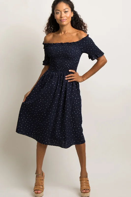 Navy Polka Dot Smocked Dress