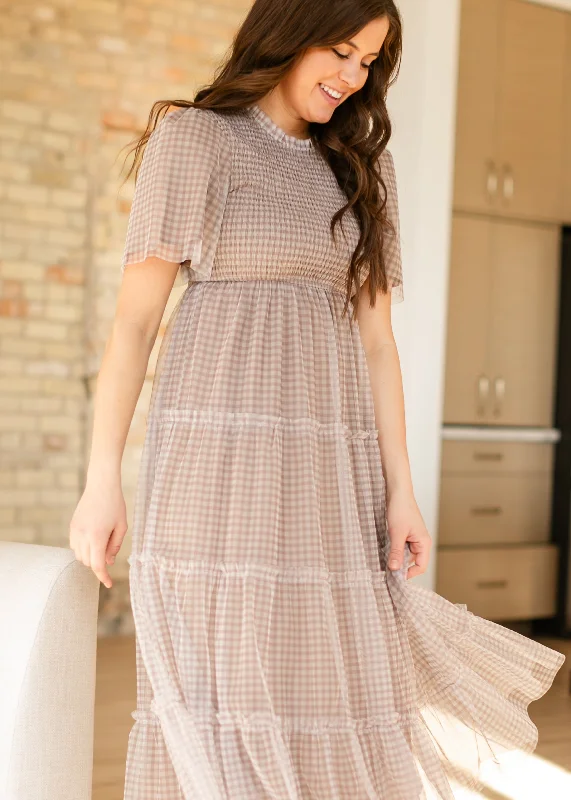 Gingham Mesh Tiered Maxi Dress