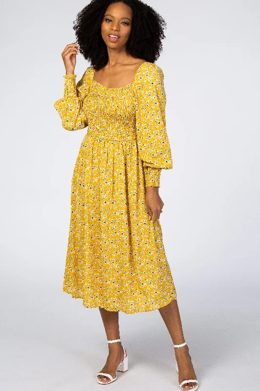 Yellow Floral Smocked Bubble Sleeve Midi Dress