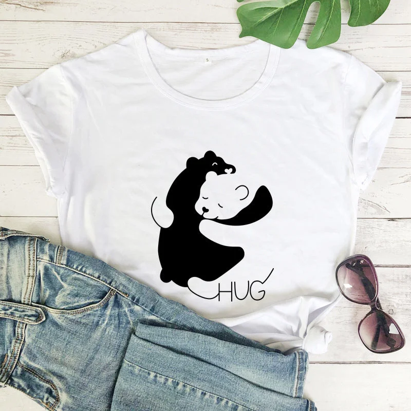 Hug Bear Print Short Sleeve Round Neck Womens Tops Casual Wholesale T-Shirts