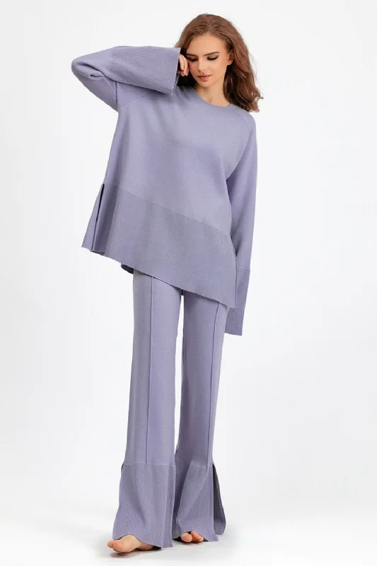 Basic Bae Slit Round Neck Long Sleeve Top and Drawstring Pants Sweater Set