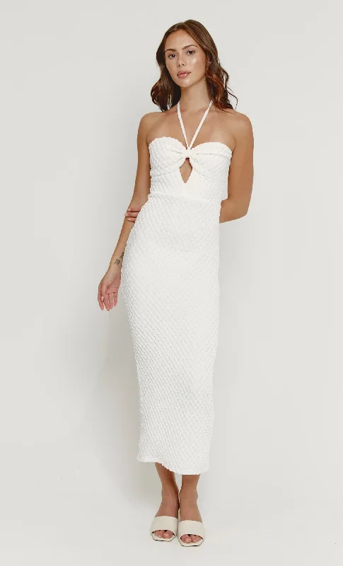 White Textured Cut Out Halter Midaxi Dress