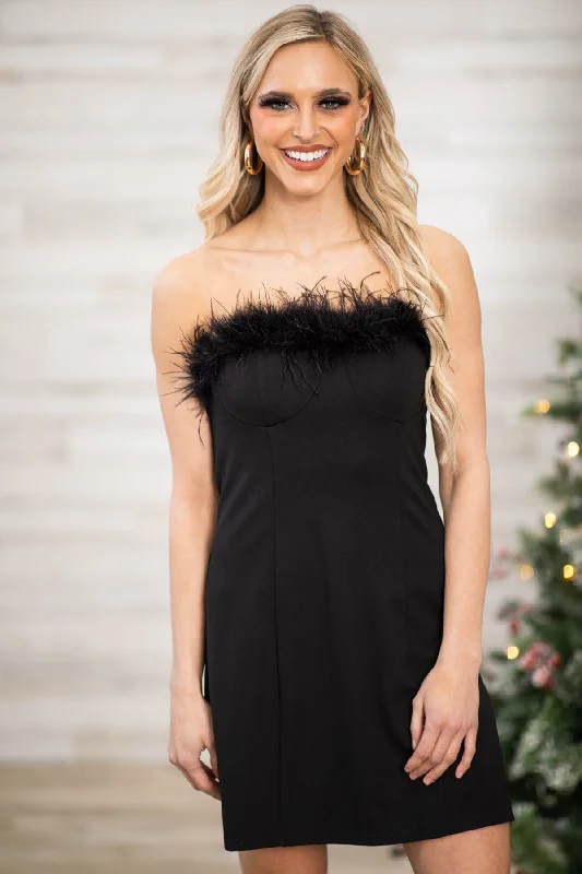 Black Strapless Feather Trim Dress