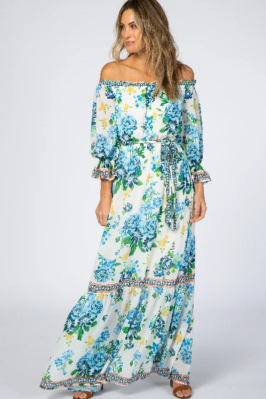 Ivory Floral Off Shoulder Maxi Dress