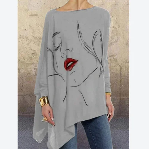 Fashion Face Print Tops Solid Color Loose Wholesale Womens Long Sleeve T Shirts