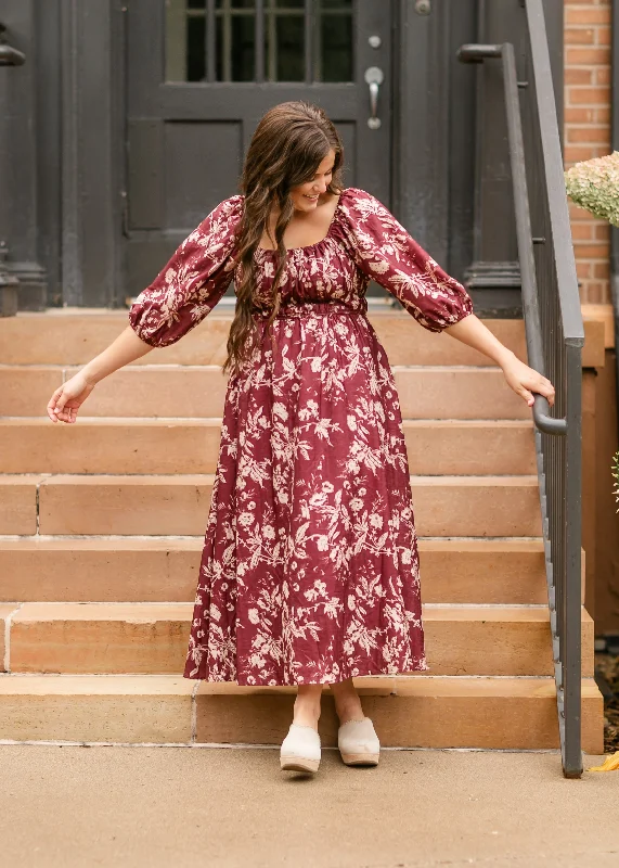 Floral Textured Print Burgundy Midi Dress - FINAL SALE