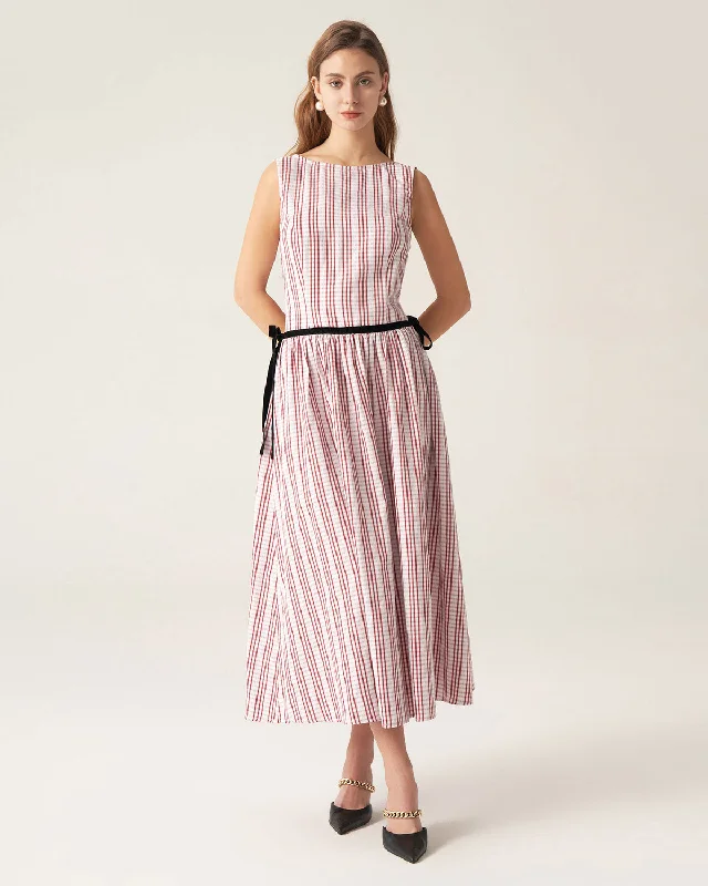 Red Plaid Boat Neck Midi Dress