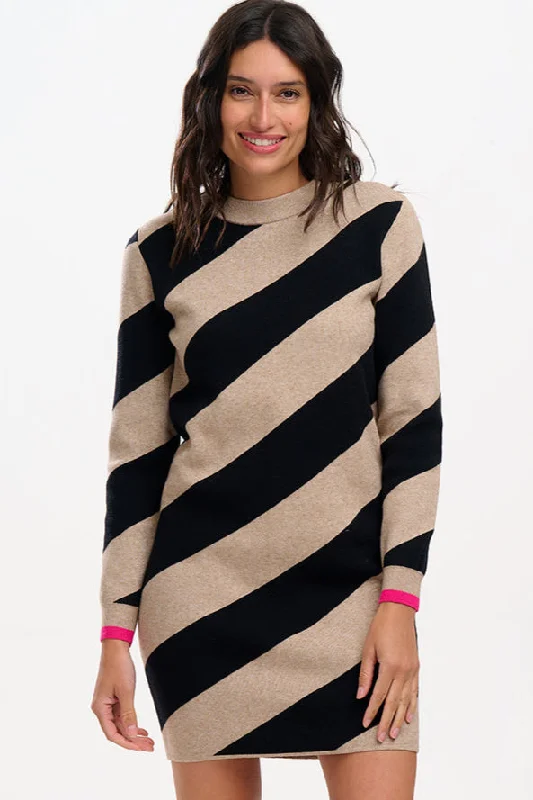 Verity Knit Dress - Beige/Black, Diagonal Stripe