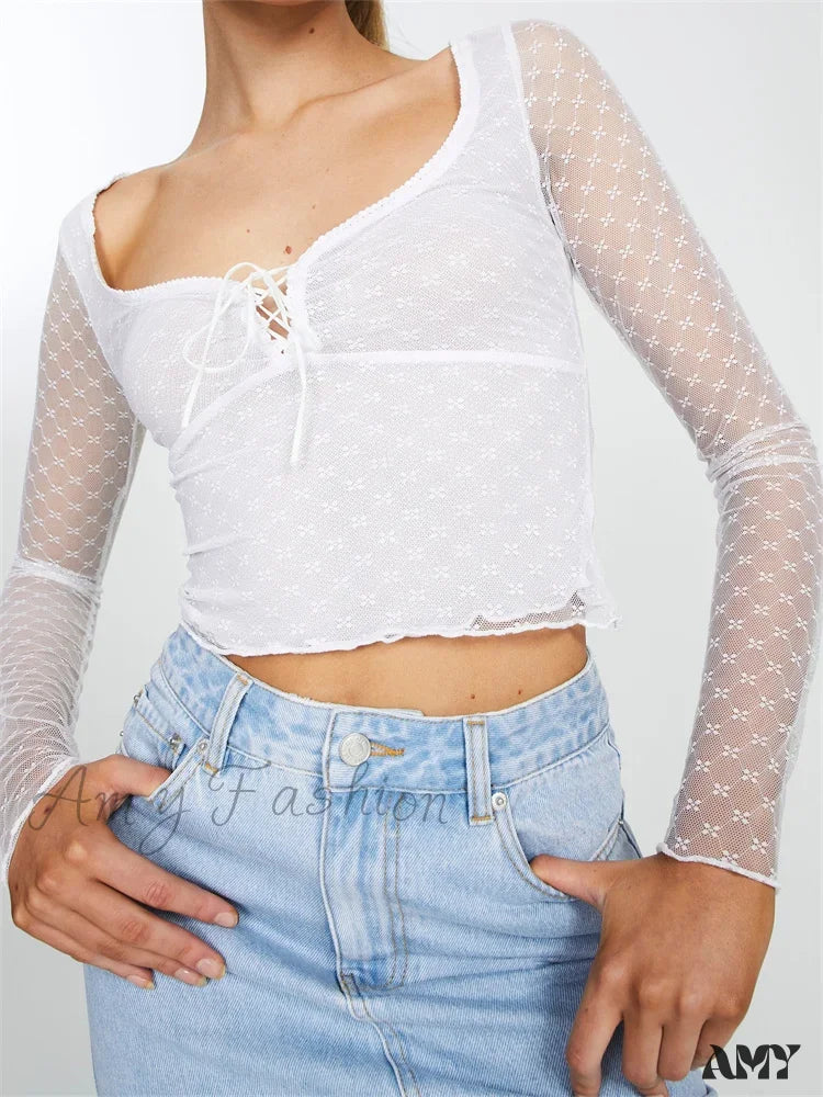 Amy Fashion - Long Sleeve  Lace Mesh See Through Tie-Up T-Shirts