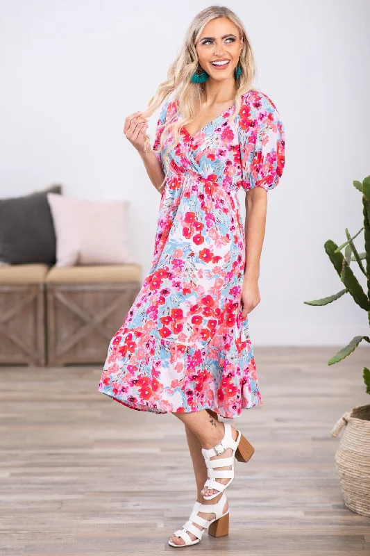 Sky Blue and Pink Puff Sleeve Floral Dress