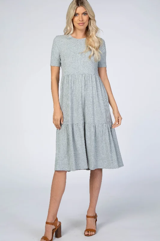 Heather Grey Ribbed Tiered Dress