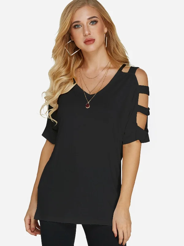 Custom Cold Shoulder Cut Out Half Sleeve Black T-Shirts