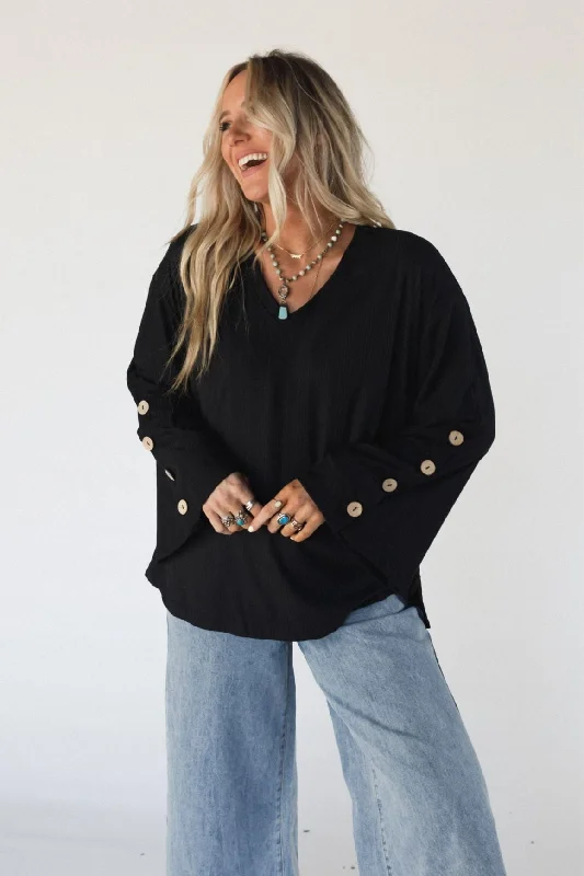 The Nest French Cafe Ribbed Knit Sweater Top - Black