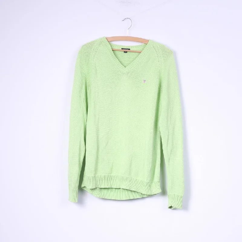 Gant Womens L Jumper Neon Green Sweater V Neck Cotton Top