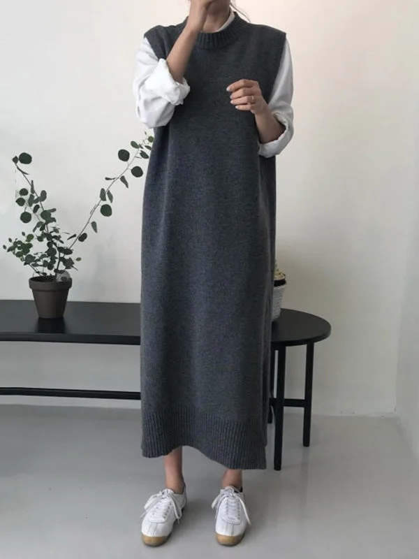 Urban Loose Sleeveless Solid Color Classic Round-Neck Midi Dresses Sweater Dresses