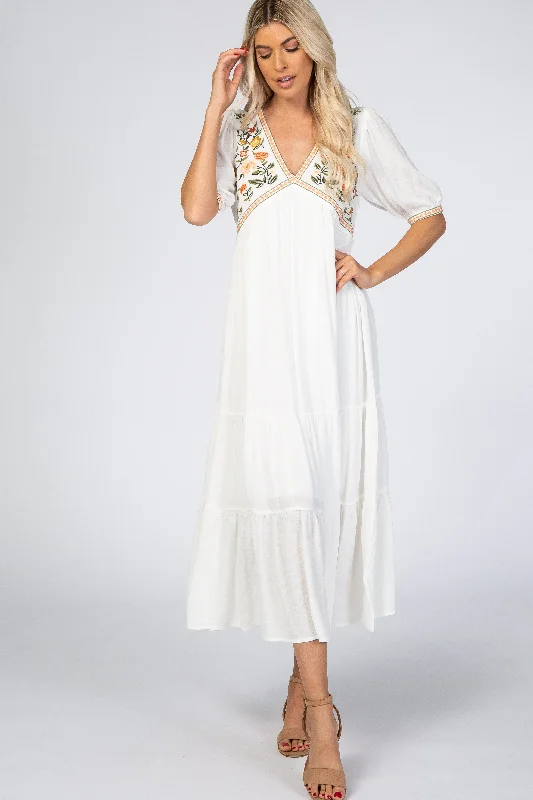 Ivory Floral Embroidered Midi Dress