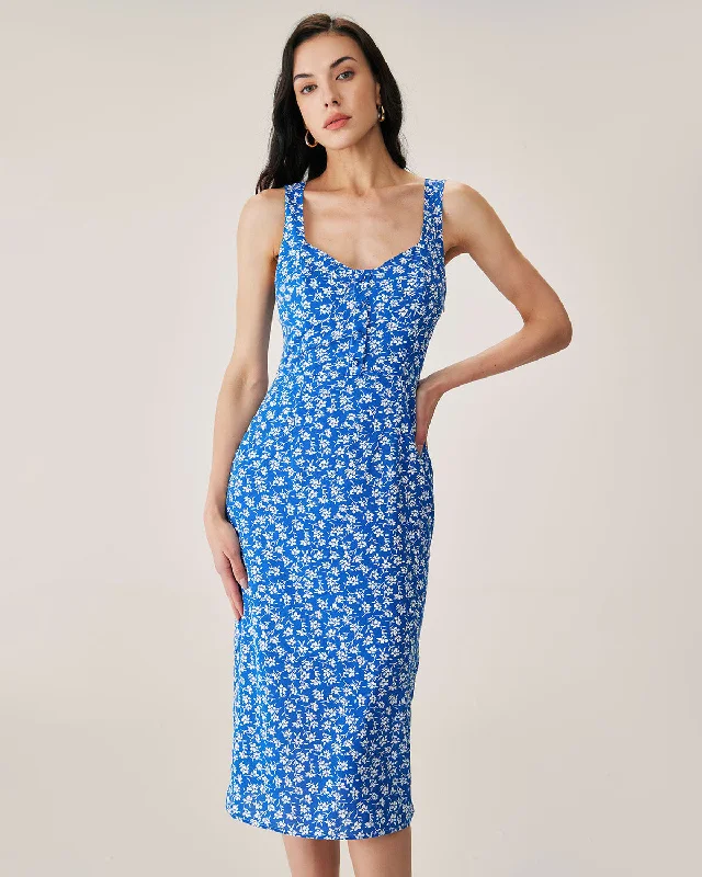 Blue Floral Slit Slip Midi Dress