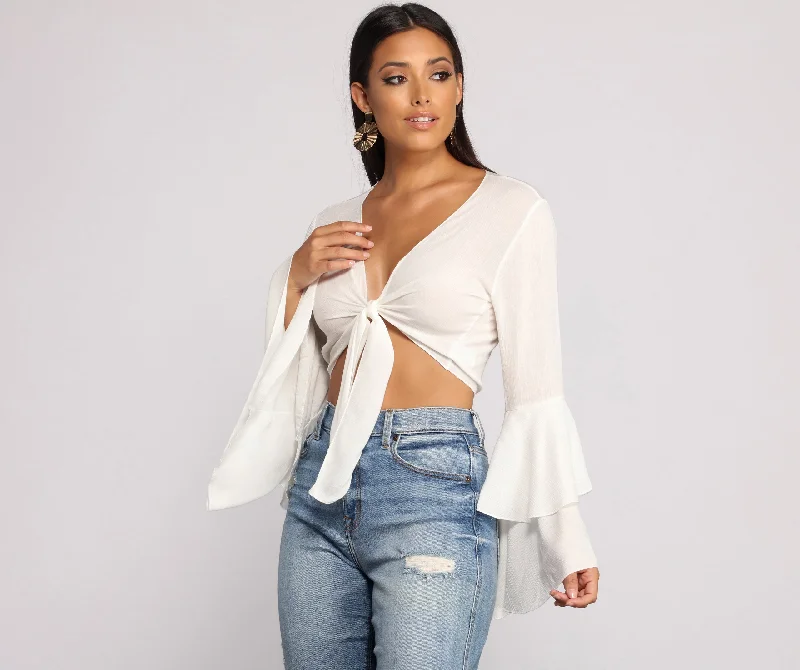 Woven Tie Front Bell Sleeve Crop Top