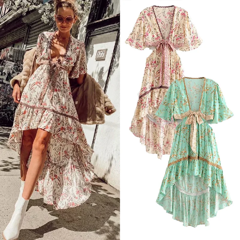 Romantic Floral Bohemian Dress, Asymmetric Summer Boho Dress For Women