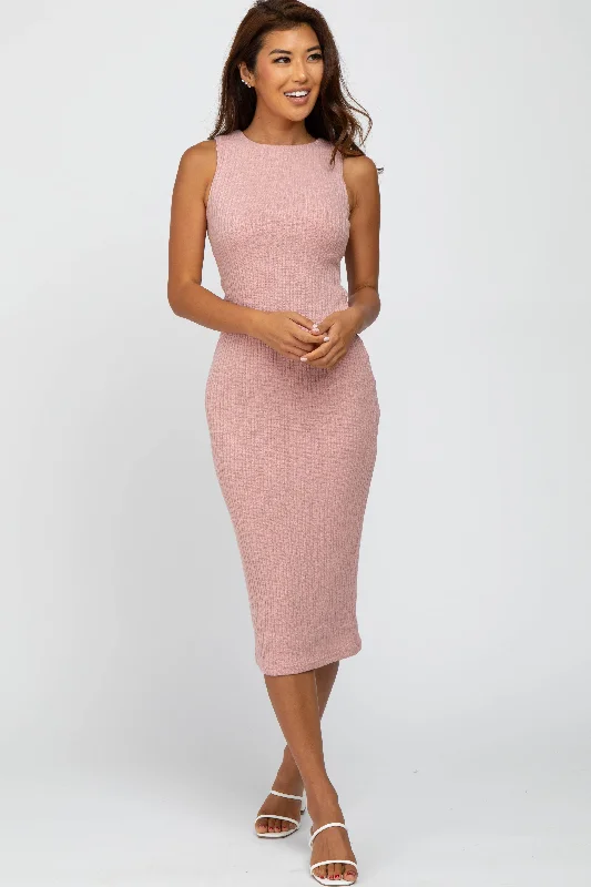 Mauve Twist Back Accent Ribbed Midi Dress