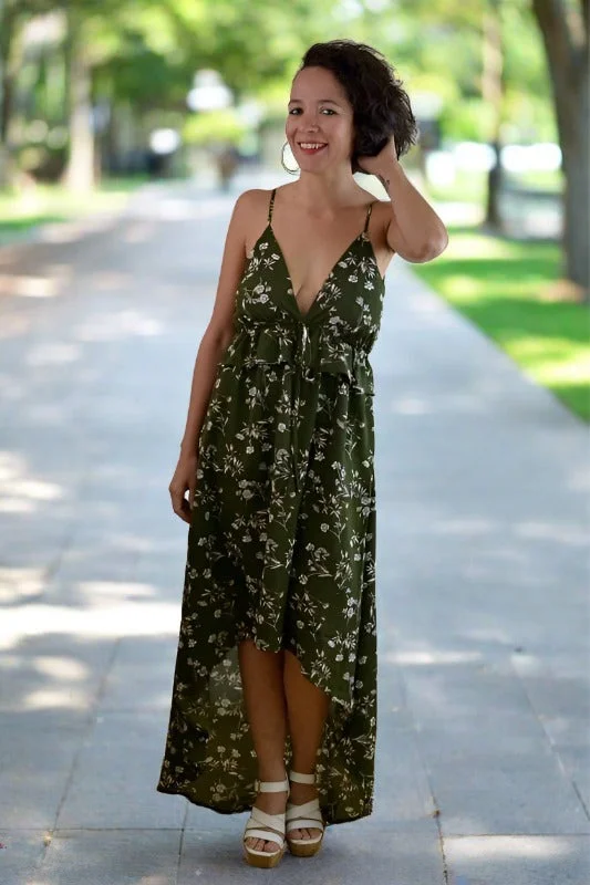 L Love Hi Lo Maxi Plunge V Peplum Dress - Olive Green