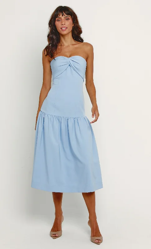 Blue Drop Waist Strapless Bow Midi Dress