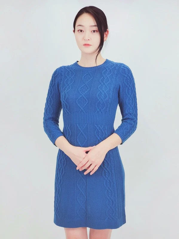 Cable Knit Round Neck 3/4 Slvs Mini Sweater Dress